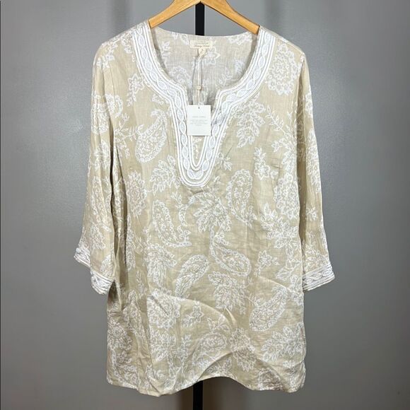 Charter Club Cream Paisley Relaxed Tunic Top 100% Linen - Picture 1 of 8